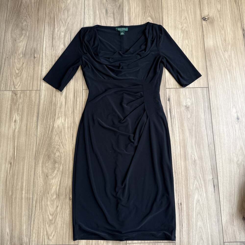 Lauren Ralph Lauren 3/4 Sleeve Cowl Neck Dress Black Sz 4 Women’s Classic